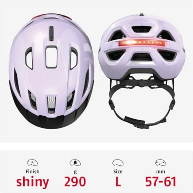 ABUS Urban-I 4.0, Fahrradhelm mit aufladbarem Rücklicht, 2 Leuchtmodi, Schirm, Zopf-Öffnung, Größe L, lila – Bild 3