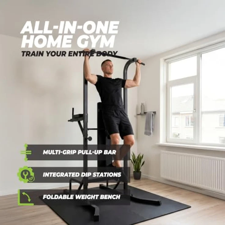 VirtuFit Power Tower Deluxe, Kraftstation mit Dip- und Klimmzugstation, 250 kg maximalem Gewicht und verstellbaren Hantelablagen – Bild 3