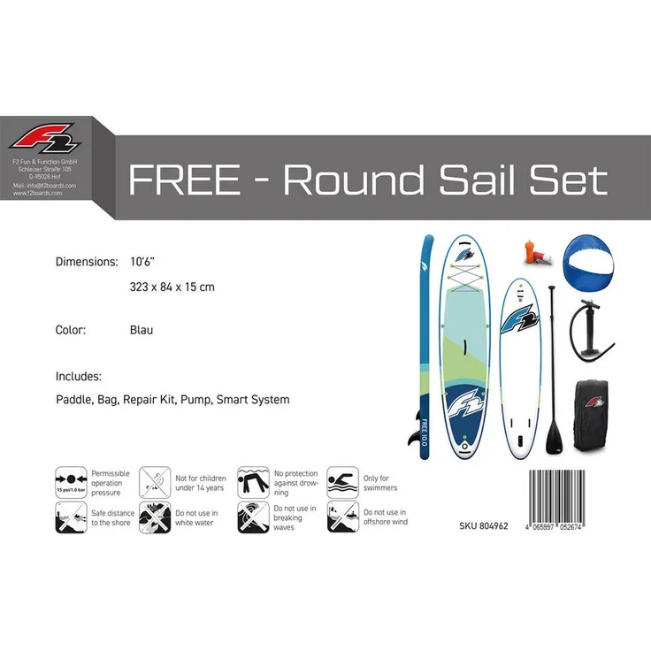 F2 Stand Up Paddle Board FREE 10,6 - Aqua, inkl. Rundsegel, Pumpe, Paddle und Boardbag, 323 x 84 x 15 cm