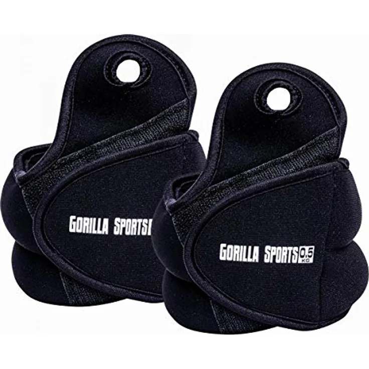 GORILLA SPORTS® Gewichtsmanschetten verstellbar, 2er-Set für Fuß- und Handgelenke, 1 KG (2x0,5 KG), schwarz, mit Daumenschlaufe und Klettverschluss.