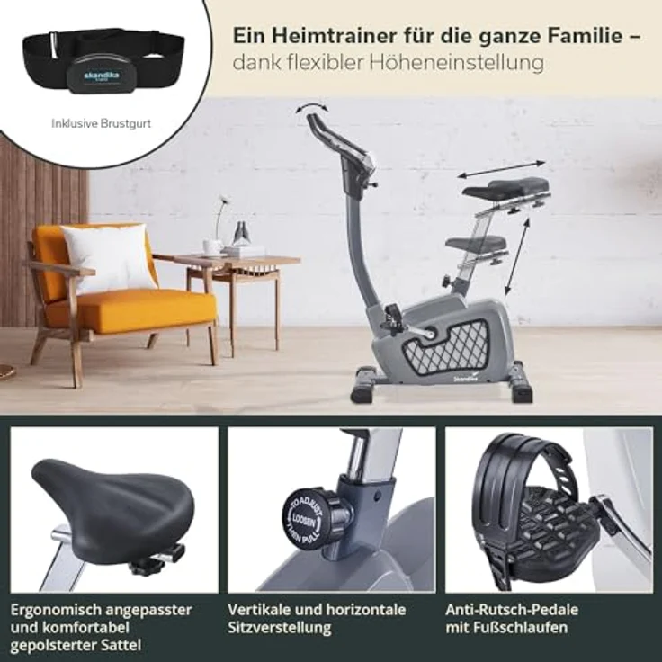 Skandika Wiry Ergometer Heimtrainer 11kg Schwungmasse 24 Trainingsprogramme 32 Widerstandsstufen Magnetbremssystem Bluetooth Kinomap App-Steuerung Transportrollen (grau) – Bild 4