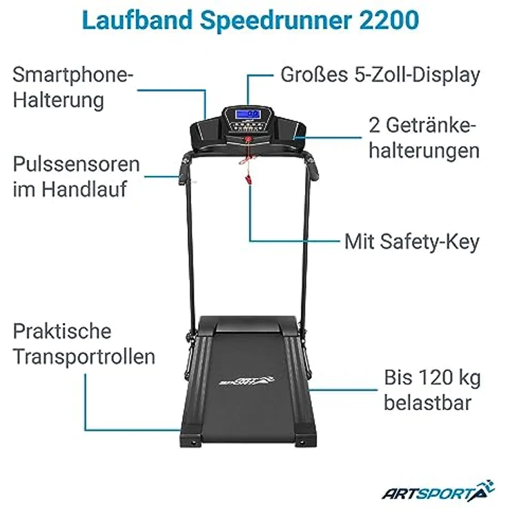 ArtSport Laufband Speedrunner 2200 klappbar - Für zuhause, 12 km/h, 12 Programme, Steigung, 5 Zoll Display, Halterungen - Belastbarkeit bis 120 kg – Bild 3