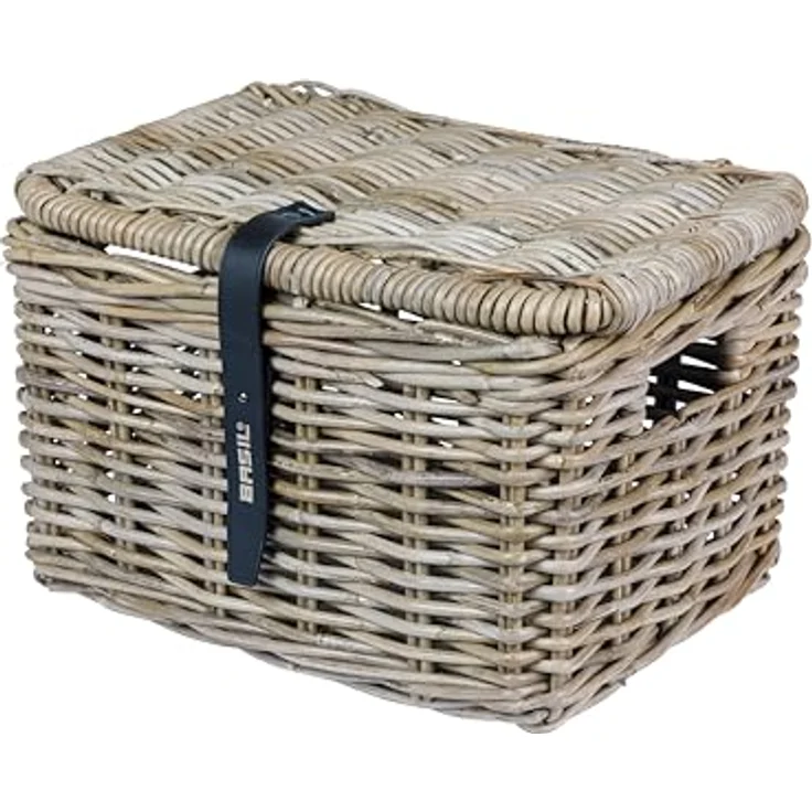 Basil Dax S, Velokorb aus handgeflochtenem Rattan, 20 l, grau, mit Deckel und Lederverschluss – Bild 1