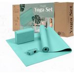 Myga Yoga Starter Kit, Komplettes Set mit rutschfester Yogamatte (4 mm), Yogablock und Gurthilfe, ideal für Anfänger, Zuhause und Reisen, Türkis
