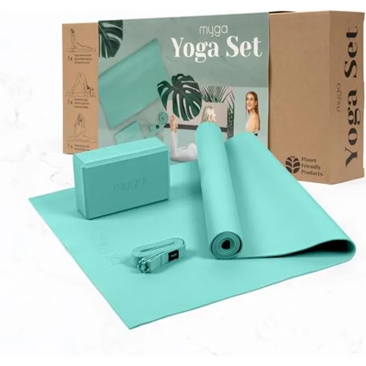 Myga Yoga Starter Kit, Komplettes Set mit rutschfester Yogamatte (4 mm), Yogablock und Gurthilfe, ideal für Anfänger, Zuhause und Reisen, Türkis