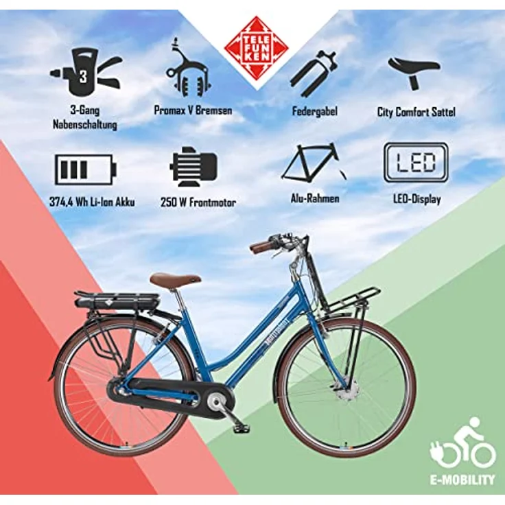 TELEFUNKEN E-Bike Elektrofahrrad Alu 28 Zoll mit 3-Gang Shimano Nabenschaltung, Retro Pedelec Citybike, Frontmotor 250W und 10,4Ah, 36V Li-Ion Akku, RT530 Multitalent – Bild 5