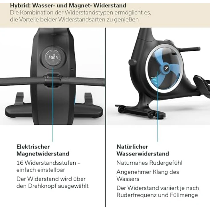 Skandika Rudergerät Nemo V Hybrid | Wasser und Magnetwiderstand kombiniert, 90° Tank, bis 200 cm & 150 kg, Kinomap App kompatibel, Bluetooth, aufstellbar | Wasserrudergerät für Zuhause – Bild 2