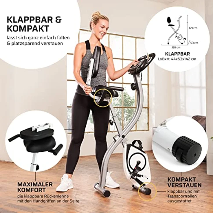 SportPlus Heimtrainer klappbar für zuhause, optional mit App Steuerung, Rückenlehne,Pulsmessung, manuelle oder computergesteuerte Widerstände, X Bike platzsparend faltbar – Bild 5