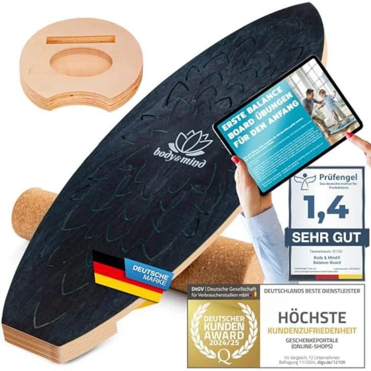 Body & Mind Balanceboard Wackelbrett für Physiotherapie und Surf-Training, Holz 78x30 cm mit Korkrolle, inkl. gratis E-Book – Bild 1
