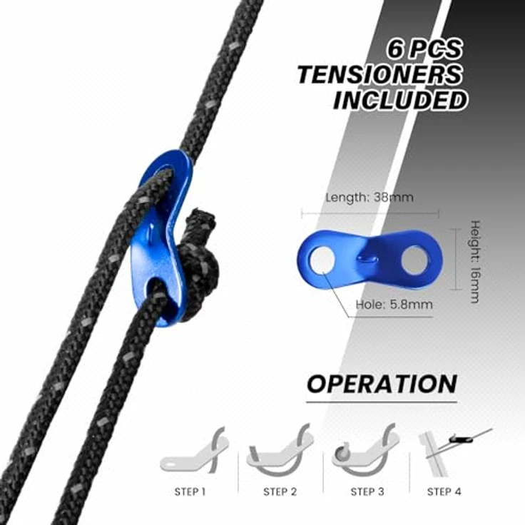 Abma Cord Zelt-Abspannseile mit 300 kg Bruchlast, 30 m reflektierende Schnur und 6 Seilspanner, Schwarz – Bild 5