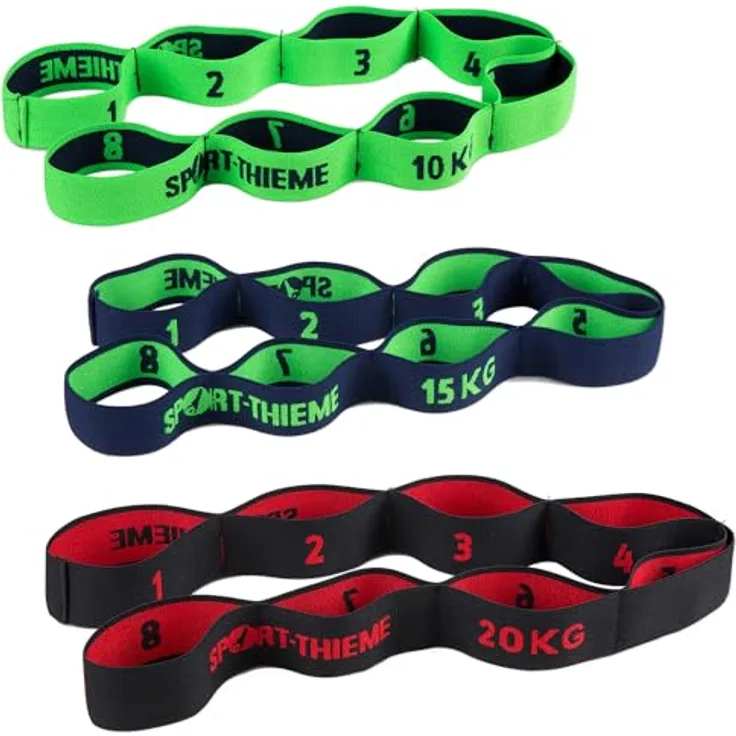Sport-Thieme Fitnessband aus Stoff, elastisches Textil-Gymnastikband mit 8 Schlaufen, in drei Zugstärken (10 kg, 15 kg, 20 kg), Länge: 96 cm, hochwertiges Latex-Polyester-Gemisch