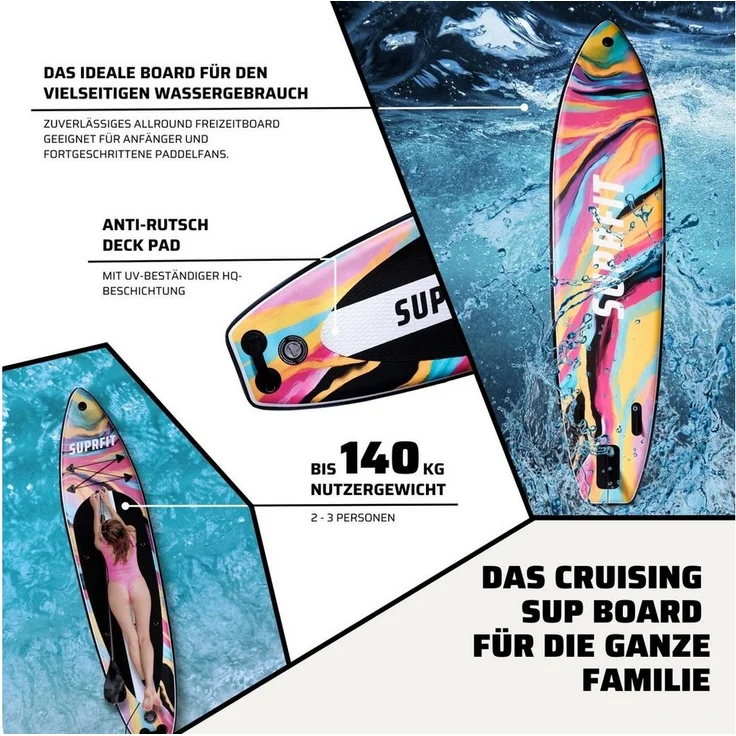 SF SUPRFIT SUP-Board Aquarell, aufblasbares Komplett-Set mit doppelter PVC-Schichtung, Tragfähigkeit bis 140 kg, 330 x 78 x 15 cm