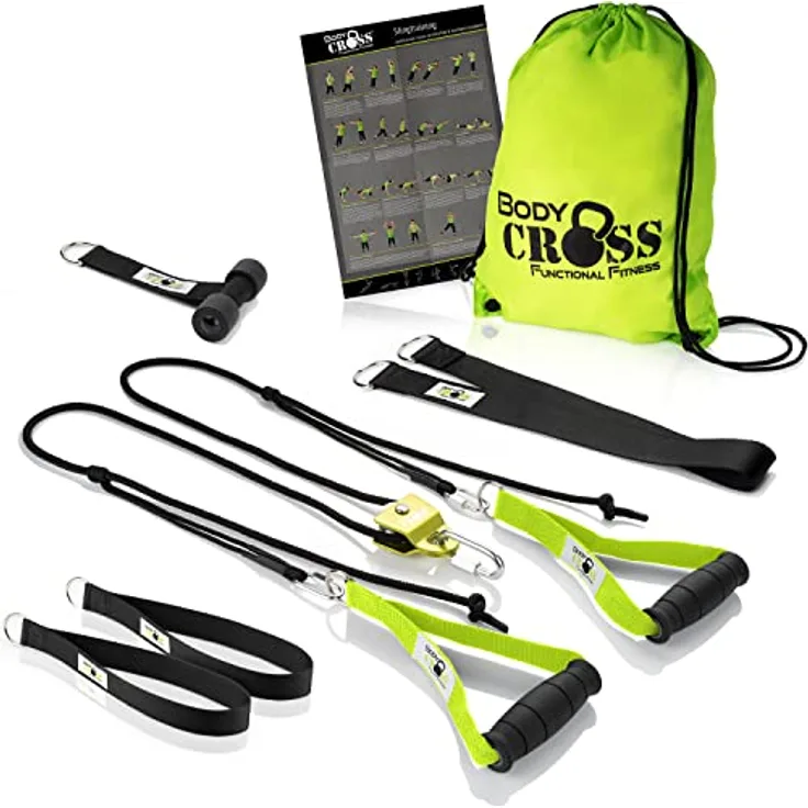 BodyCROSS Premium Schlingentrainer mit Umlenkrolle für zuhause| Sling Trainer Set mit Befestigung und Türanker | Krafttraining Made in Germany | geprüft und Zertifiziert | 10 Jahre Garantie
