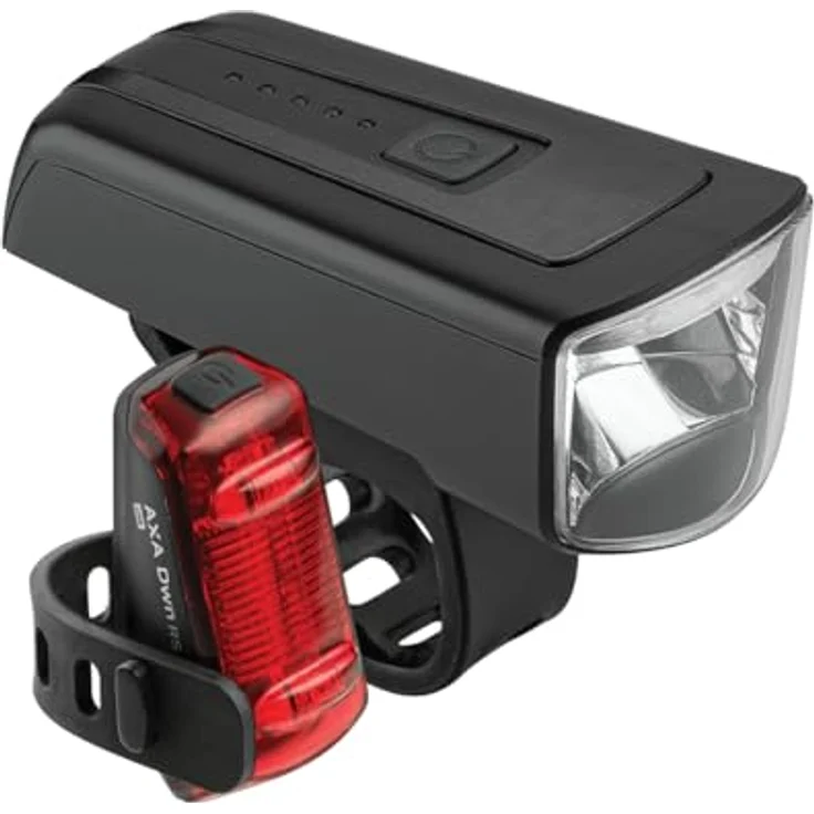 AXA Beleuchtungsset Dwn Set 100, Fahrradbeleuchtung mit Frontlicht (Leuchtdauer 20 Std.) und Rücklicht (Leuchtdauer 7 Std.), inklusive USB-C Kabel und Befestigungsbändern – Bild 1