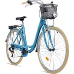 Bergsteiger Florenz 28 Zoll Damenfahrrad, Hi-Ten Stahlrahmen, Shimano 7 Gang-Schaltung, Standlichtfunktion, Damen-Citybike, Retro-Design, blau
