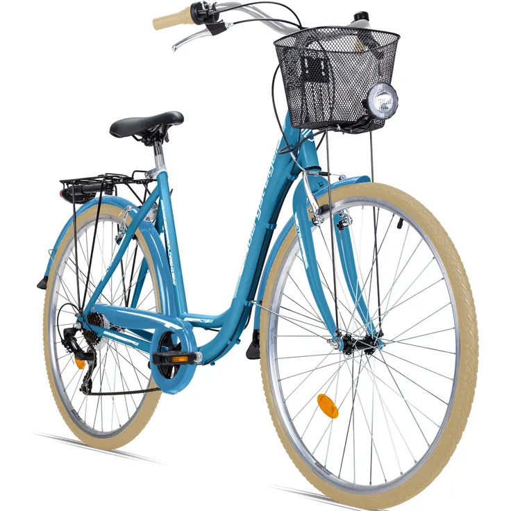 Bergsteiger Florenz 28 Zoll Damenfahrrad, Hi-Ten Stahlrahmen, Shimano 7 Gang-Schaltung, Standlichtfunktion, Damen-Citybike, Retro-Design, blau