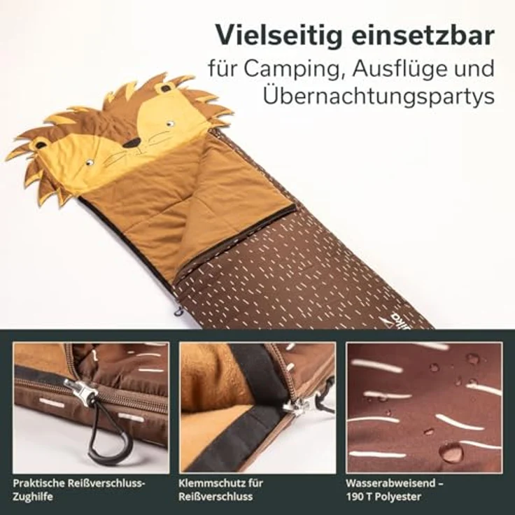 SKANDIKA Kinderschlafsack Soti, Camping Schlafsack für Kinder bis 150 cm, buntes Design Löwe, Baumwolle, maschinenwaschbar, Komfort-Temperaturen 13 °C bis 3 °C – Bild 6