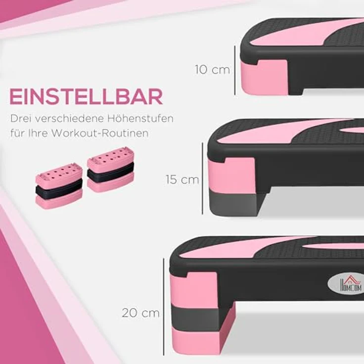 HOMCOM Stepper höhenverstellbar, Aerobic-Stepper mit 3 Stufen, rutschfester Oberfläche, für Indoor und Outdoor, Schwarz-Rosa-Grau – Bild 3