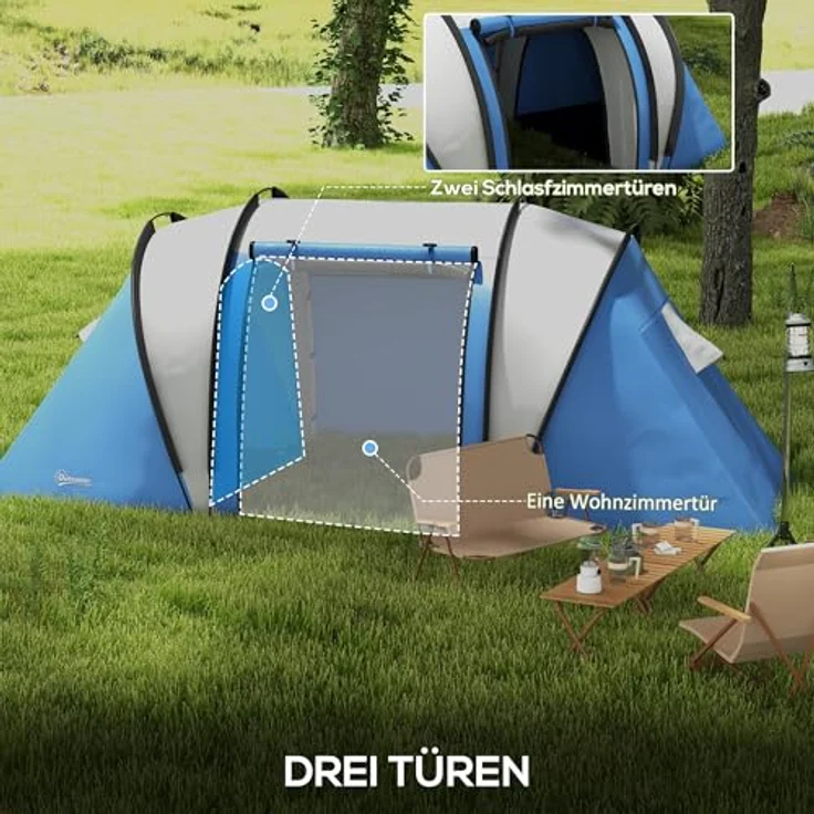 Outsunny 2-Zimmer Campingzelt für 4-5 Personen, wasserabweisend mit 3000mm Wassersäule, Tunnelzelt mit Seitentür und Fenstern, für Camping und Garten – Bild 4