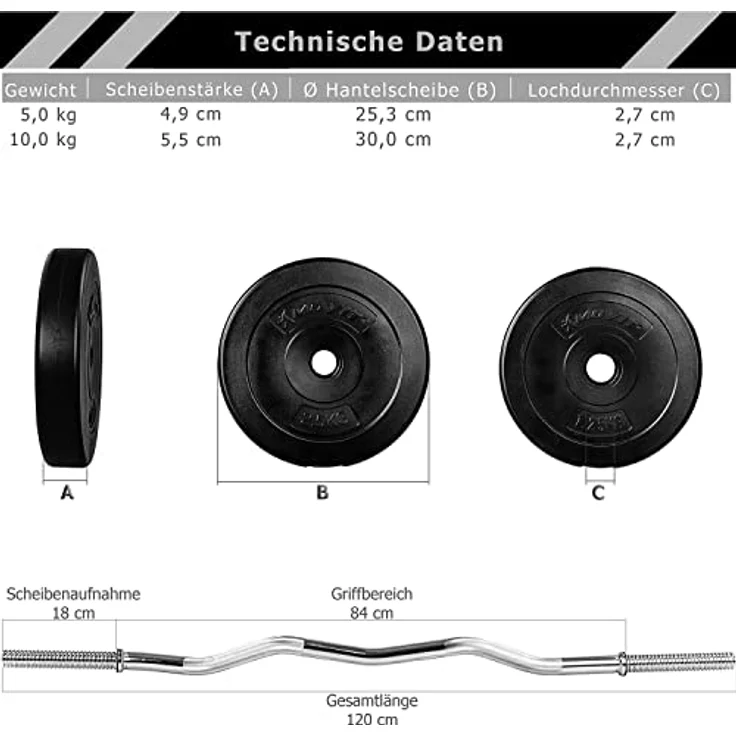 MOVIT 55kg SZ Curlset, mit Sternverschlüssen + 6 Gewichtsscheiben, 120cm SZ Curlstange gerändelt und verchromt, Scheibenaufnahme Ø 25mm – Bild 4