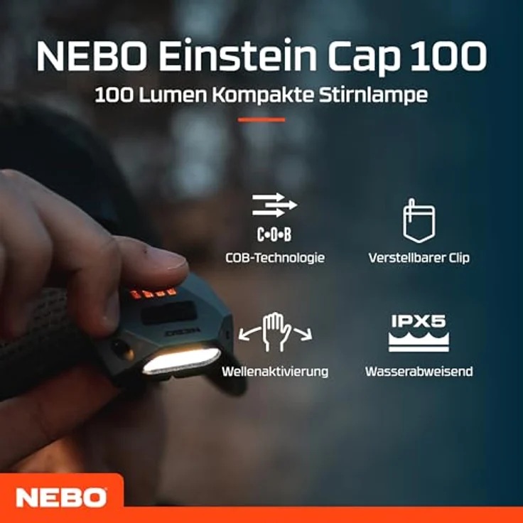 NEBO Einstein Cap 100, Wiederaufladbare Kopflampe mit 100 Lumen, wasserfest, grüne Nachtsicht-LED, ideal für Joggen und Wandern – Bild 2