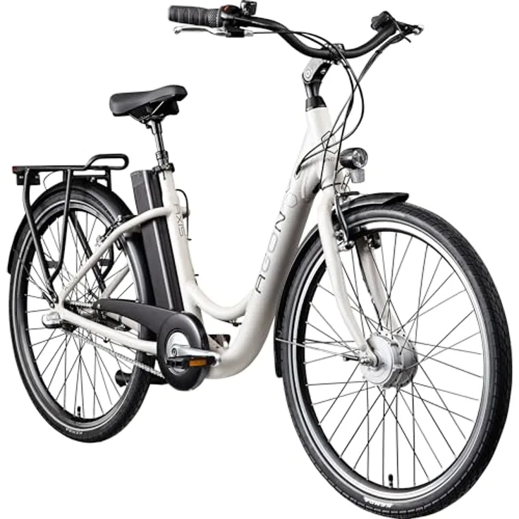 Agon Axis E-Bike 26 Zoll Citybike, Aluminiumrahmen mit tiefem Einstieg, motorisiert mit 250 W, weiß
