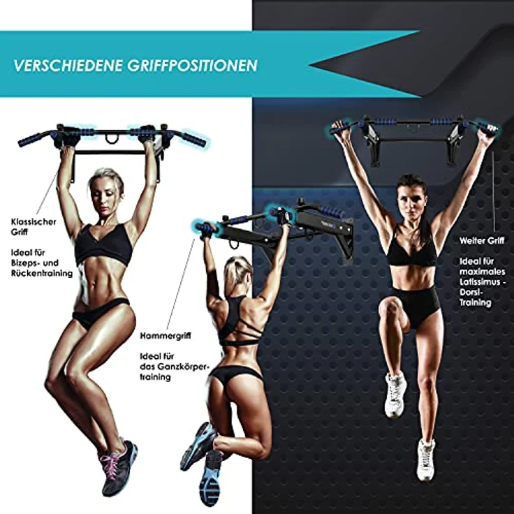 KESSER® 4in1 Klimmzugstange zur Wandmontage rutschfesten Griffen zusätzliche Funktion für Seile Ringe und Boxsäcke mit verschiedenen Griffpositionen | sicher & stabil | Pull Up Bar für zuhause, Blau – Bild 3