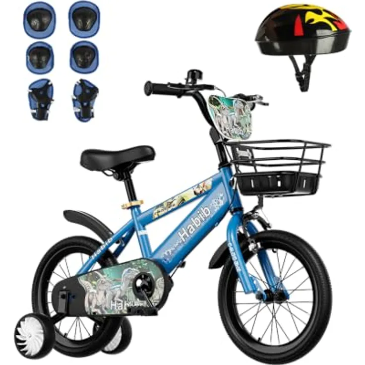 Habib Gruppe Dino-Fahrrad, Kinderfahrrad im Dinosaurier-Design mit 6-teiligem Schutz-Set und höhenverstellbarem Sattel