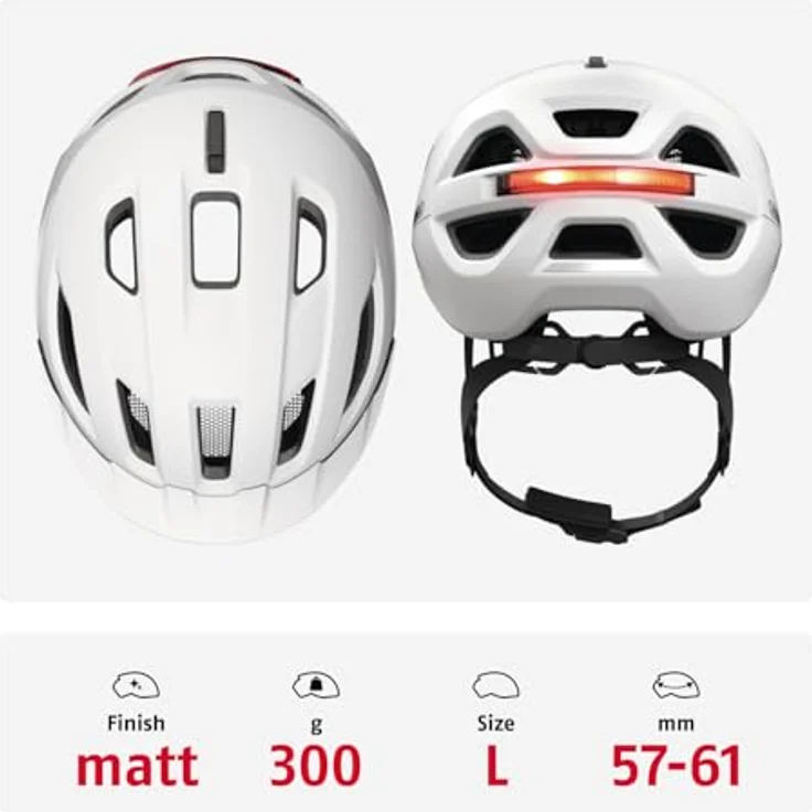 ABUS Urban-I 4.0 ACE, Fahrradhelm mit aufladbarem Rücklicht, 4 Leuchtmodi, Schirm, Zopf-Öffnung, magnetischem Verschluss, Größe L, weiß – Bild 3