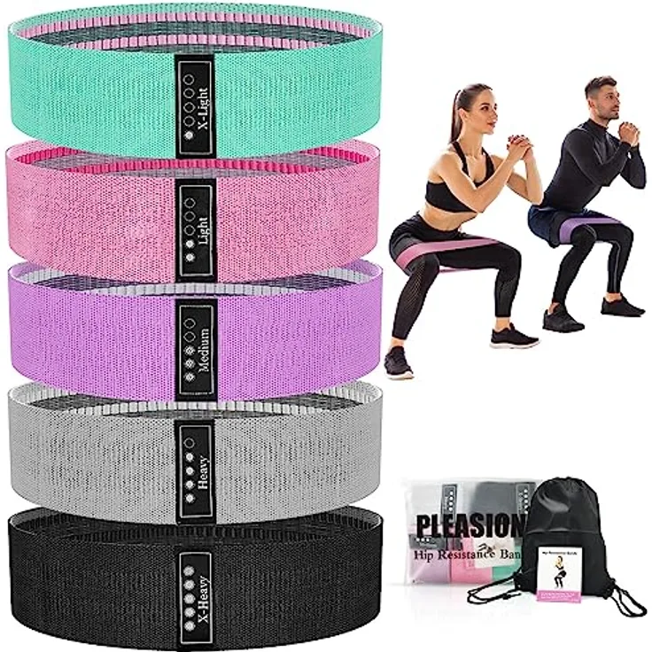 PLEASION Widerstandsbänder 5er Set, rutschfeste Stoffbänder für Krafttraining und Muskelaufbau, Gymnastikbänder für Yoga und Pilates