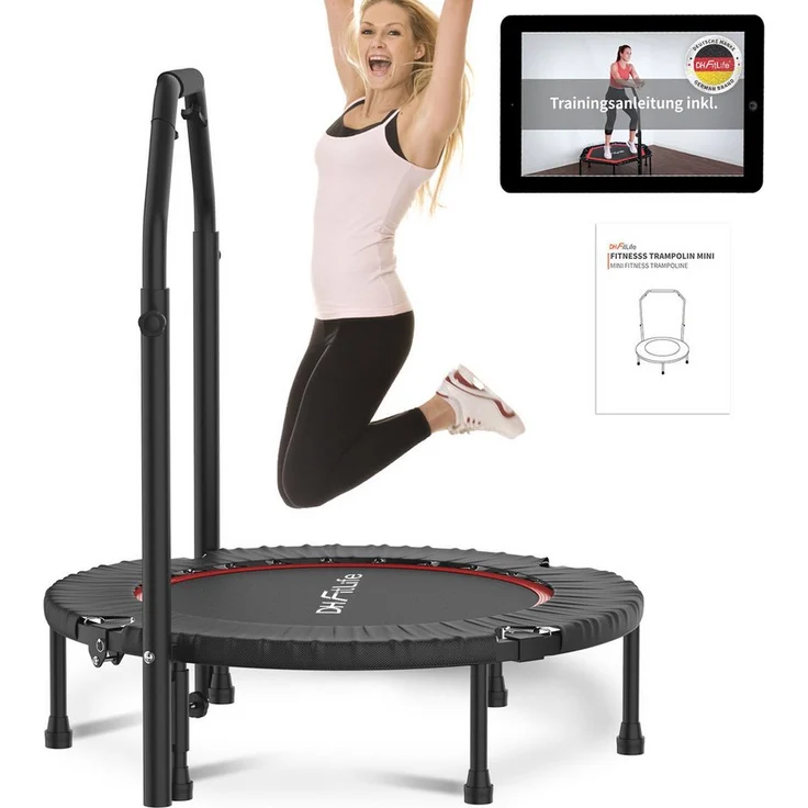 DH FitLife Fitnesstrampolin Indoor Trampolin klappbar, Ø 102 cm, Tragfähigkeit 150 KG, 4-fach verstellbarer Haltegriff, leise und stabil für Kinder und Erwachsene