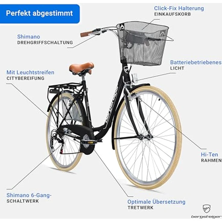 Bergsteiger Paris Damenfahrrad 26/28 Zoll, Retro-Citybike ab 140 cm, 6 Gang-Schaltung, mit Korb und Licht – Bild 5