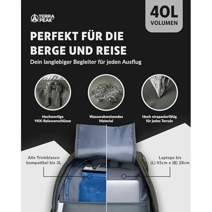 Terra Peak® FLEX 40, Premium Wanderrucksack 40L, wasserdicht, Air Stream Contact Rückensystem, olive-grün, leicht, mit Trinksystem und Rückenbelüftung – Bild 5