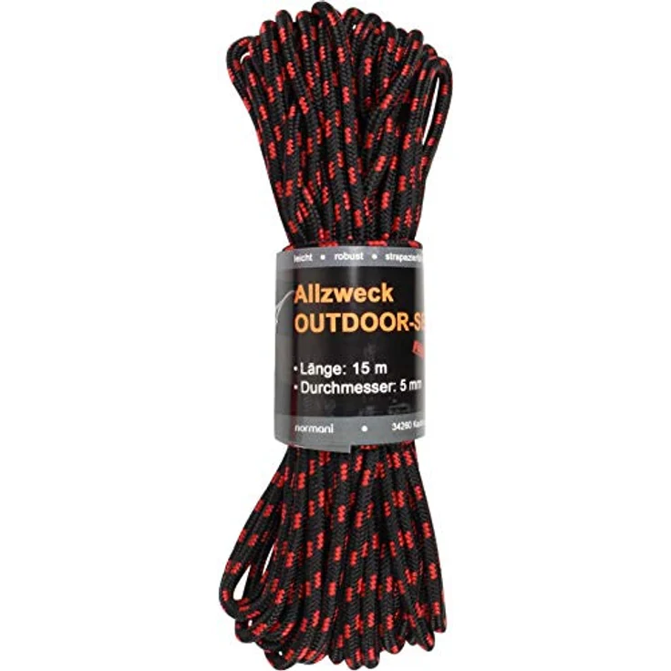 normani Stabiles Polypropylen-Seil, belastbar bis 250 kg, 5mm/15m, Schwarz/Rot, abriebfest und wasserabweisend – Bild 1