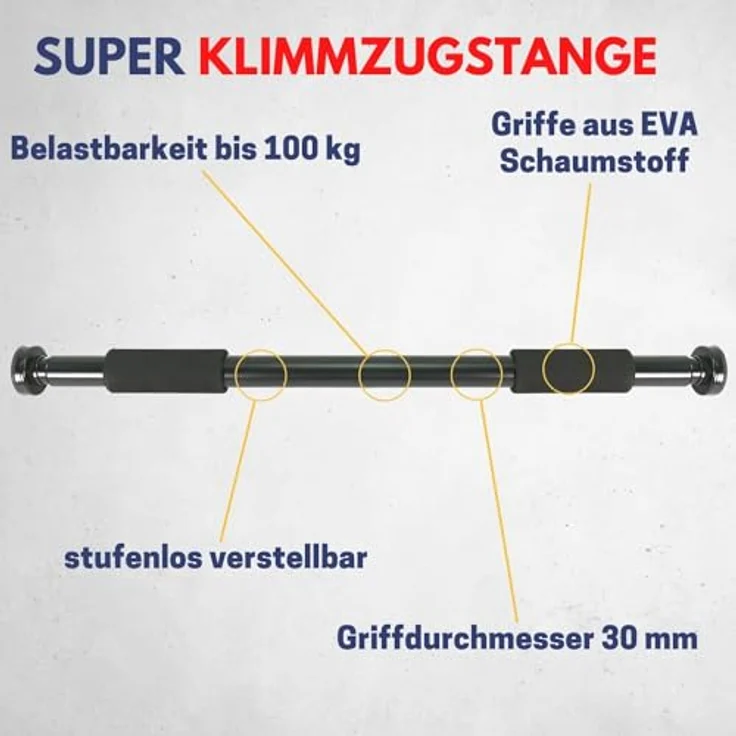 Best Sporting 2-Wege Türreck Klimmzugstange I Stufenlos verstellbar 62,5-100 cm I Belastbar bis 100 kg I Einfache Montage mit oder ohne Schrauben I Griffe aus Eva Schaumstoff, Schwarz – Bild 2