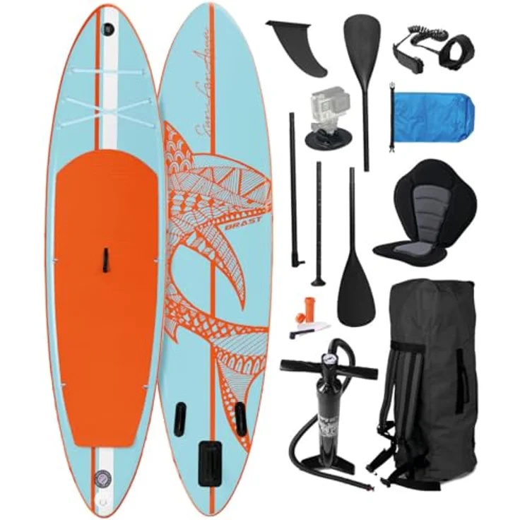 BRAST SUP Board Shark, Aufblasbares Stand up Paddle Set 320x81x15cm, hohe Stabilität, 8 Designs, 5 Jahre Garantie, inkl. Kajaksitz, 2in1 Paddel, Action-Cam-Halterung, Fußschlaufe, Pumpe, Rucksack – Bild 1