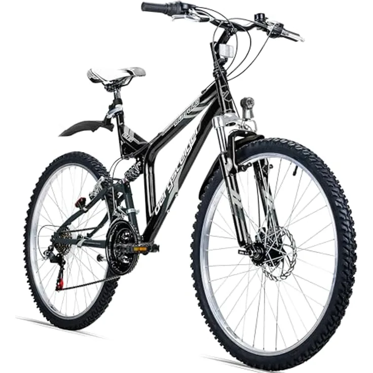 Bergsteiger Buffalo 26 Zoll Mountainbike, vollgefedert, 18 Gang-Schaltung, Scheibenbremse, geeignet ab 155 cm, Licht, Schutzblech