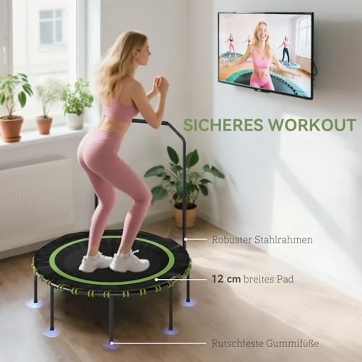 SPORTNOW Fitness Trampolin Ø114 cm, klappbar mit 5 verstellbaren Handgriffstufen, leisen Gummiseilen und stabilem Stahlrahmen für Indoor und Outdoor Jumping – Bild 5