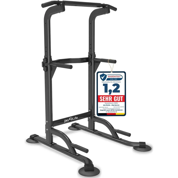DH FitLife Power Tower Dip Station, Freistehende Klimmzugstange mit 10 Höhenstufen, 150 kg Belastbarkeit, Ergonomisches Design für Ganzkörpertraining