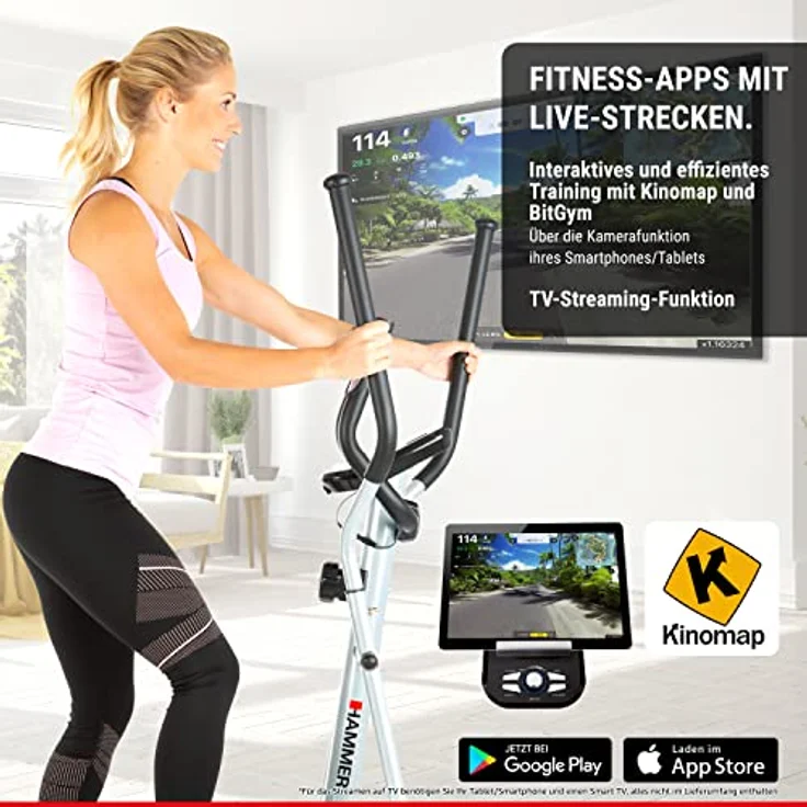 HAMMER Crosstrainer CT3, kompakt und platzsparend, Smartphone- und Tablethalterung für Multimedia-Unterhaltung, Cardiogerät mit Handpulssensoren, einfachste Bedienung, max. Gewichtsbelastung 100 kg – Bild 4