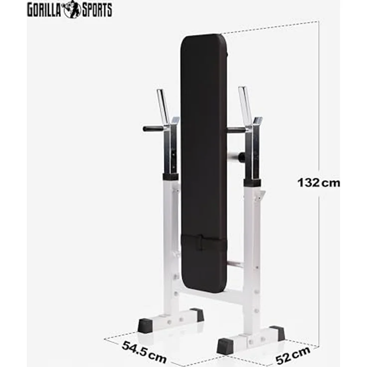 GORILLA SPORTS® Hantelbank - inkl. Hantelset 38/70/100kg, Ablage, Dip-Station, Höhenverstellbar, Klappbar, bis 200kg, Schwarz/Weiß - Trainingsbank mit Langhantelset, Drückerbank, Schrägbank, Flachbank – Bild 5