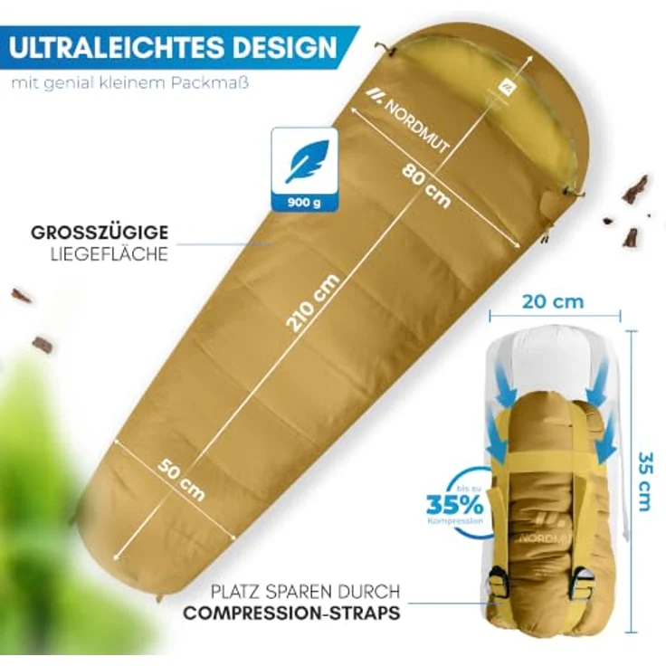 NORDMUT® Schlafsack Erwachsene, Mumienschlafsack ultraleicht (900/1500g), 3-Jahreszeiten (250 GSM) & Sommerschlafsack (100 GSM) für Camping, Outdoor & Festivals, kompaktes Packmaß 25 x 40 cm – Bild 5
