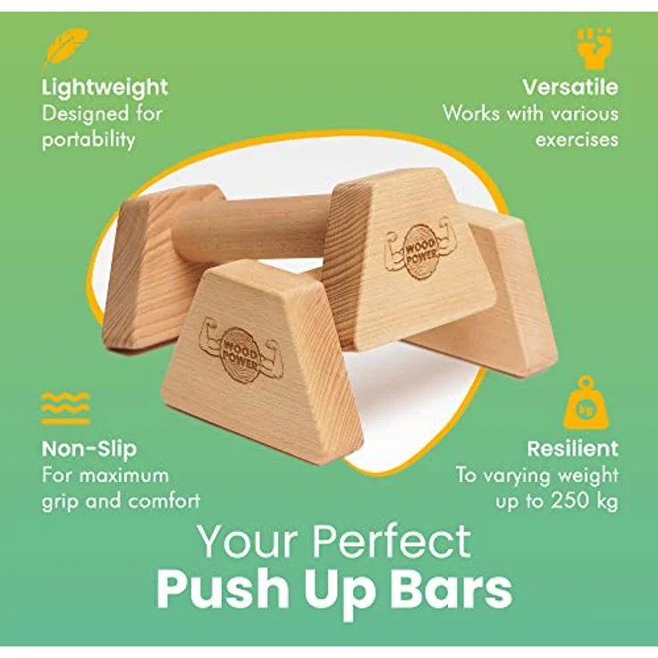 WOODPOWER® PowerBars Holz-Parallettes gelenkschonende Liegestützgriffe, Handstand-Barren & Minibarren, rutschfest für Indoor & Outdoor für Calisthenics, Körpergewichtstraining & Yoga-Classic (2 Stück) – Bild 3