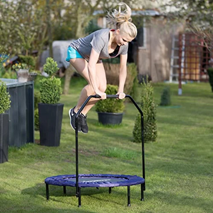 Relaxdays Trampolin faltbar mit Haltestange Indoor H x B x T: 113 x 102 x 102 cm Maximalbelastung: 120 kg schwarz-lila – Bild 2