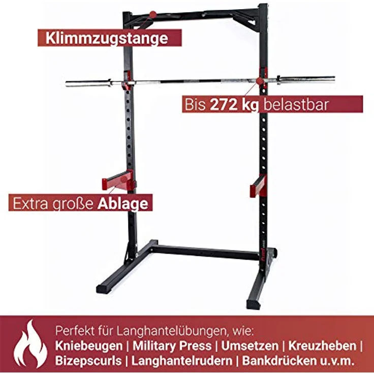 Fuel Fitness Half Cage HR300 Verstellbarer Kniebeugeständer mit Sicherheitsablagen, Squat Rack mit Langhantelständer, Kniebeugeständer mit Klimmzugstange, bis 272kg belastbar, schwarz – Bild 2