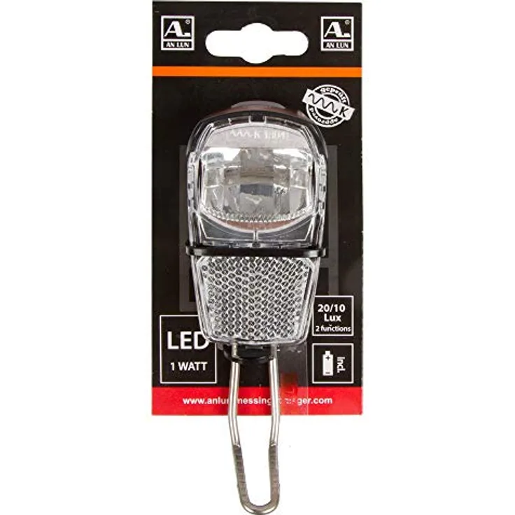 Anlun LED-Fahrrad-Frontlicht, 1 Watt mit 20/10 Lux, schwarz, inkl. Reflektor und Niro-Stahlhalter