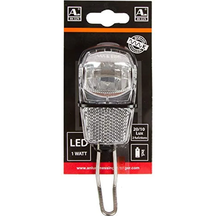 Anlun LED-Fahrrad-Frontlicht, 1 Watt mit 20/10 Lux, schwarz, inkl. Reflektor und Niro-Stahlhalter – Bild 1