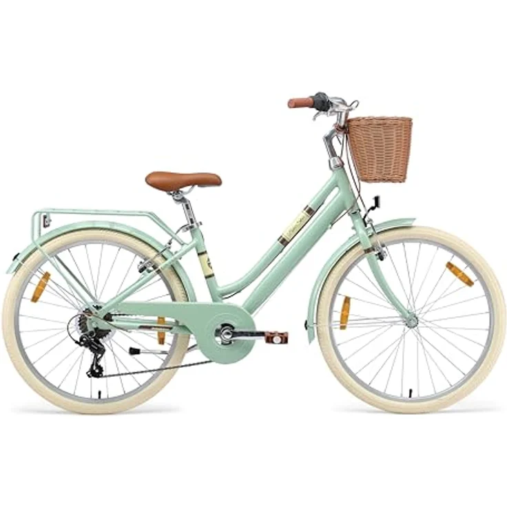 BIKESTAR Alu Kinderfahrrad 24 Zoll, City Retro Bike für 9-10 Jahre, 7 Gänge, V-Bremse, mit Korb, Mint, ergonomisch und leichtgängig – Bild 2