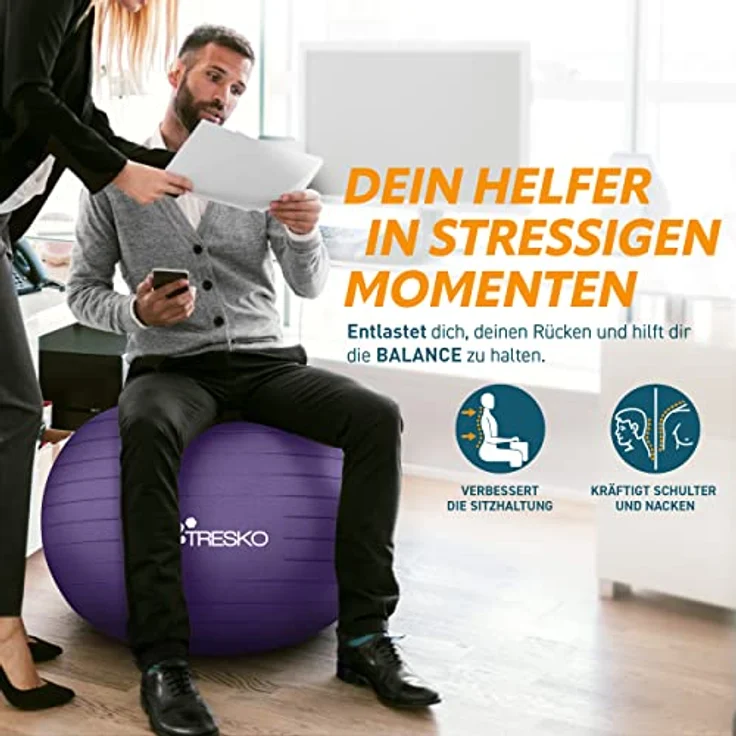 TRESKO Gymnastikball mit GRATIS Übungsposter inkl. Luftpumpe - Yogaball BPA-Frei | Sitzball Büro | Anti-Burst | 300 kg,Lila,85cm (für Körpergröße über 185cm) – Bild 3
