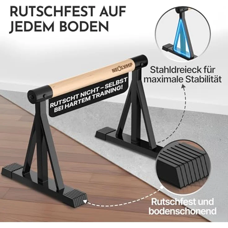 NEOLYMP Parallettes Holz, Calisthenics Liegestützgriffe aus massivem Buchenholz & Stahl, rutschfest und ergonomisch, 2 Höhen (10 cm & 30 cm) – Bild 5